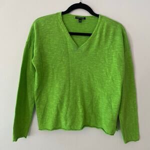 Eileen Fisher Lime Green Lightweight V-neck Linen Cotton Sweater Medium Petite